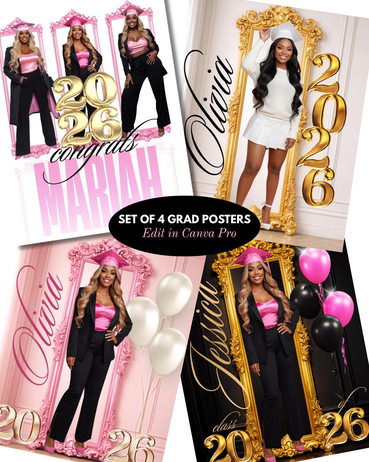 2026 Graduation Poster Canva Template | Editable Glam Grad Wall Poster Set of 4 | Custom Senior Photo Party Decor | Canva Pro Digital Download