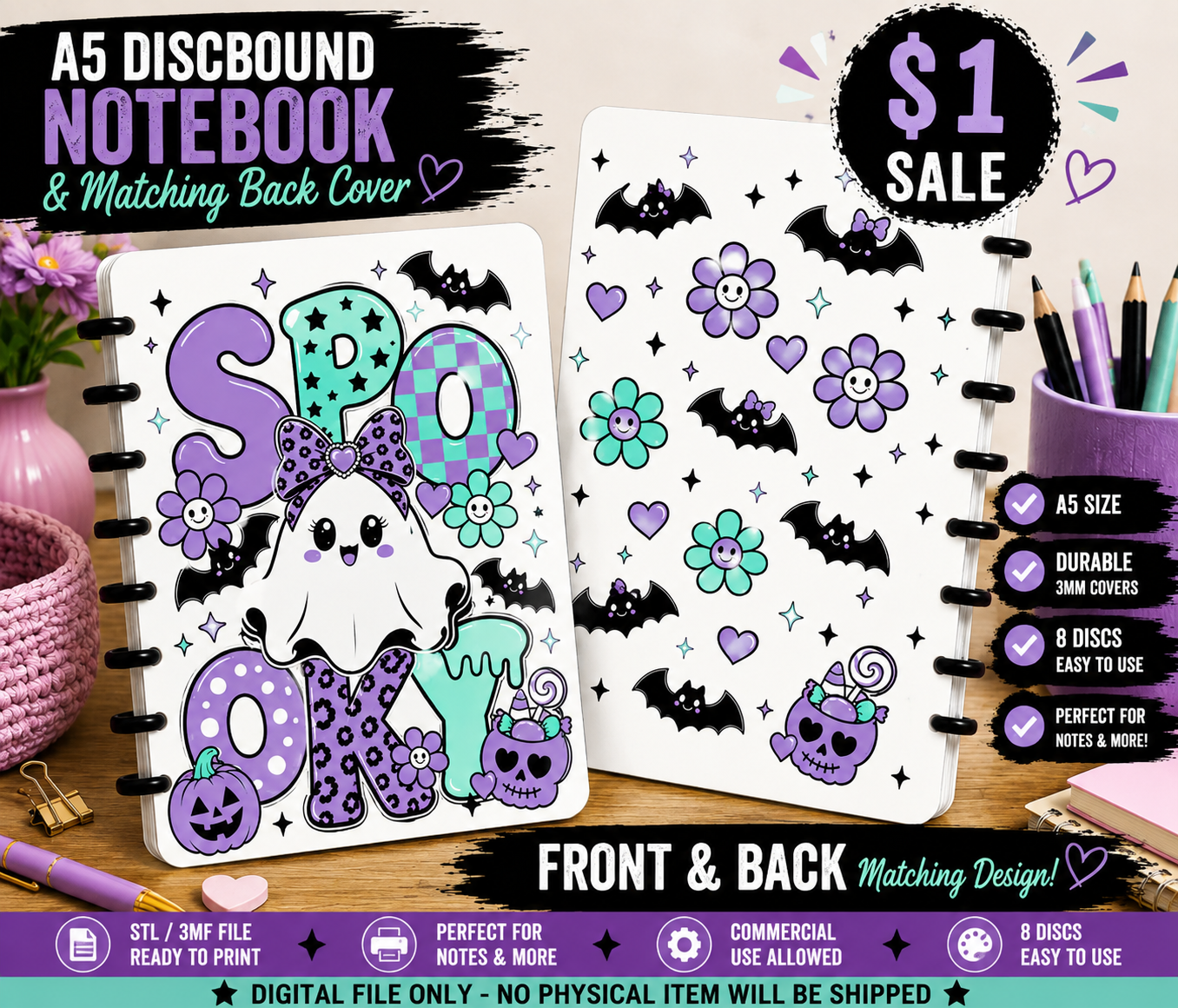 Spooky Cute A5 Discbound Notebook STL 3MF Files | Front & Back Cover | Halloween Ghost Notebook | 8 Disc 3D Print File | $1 Sale