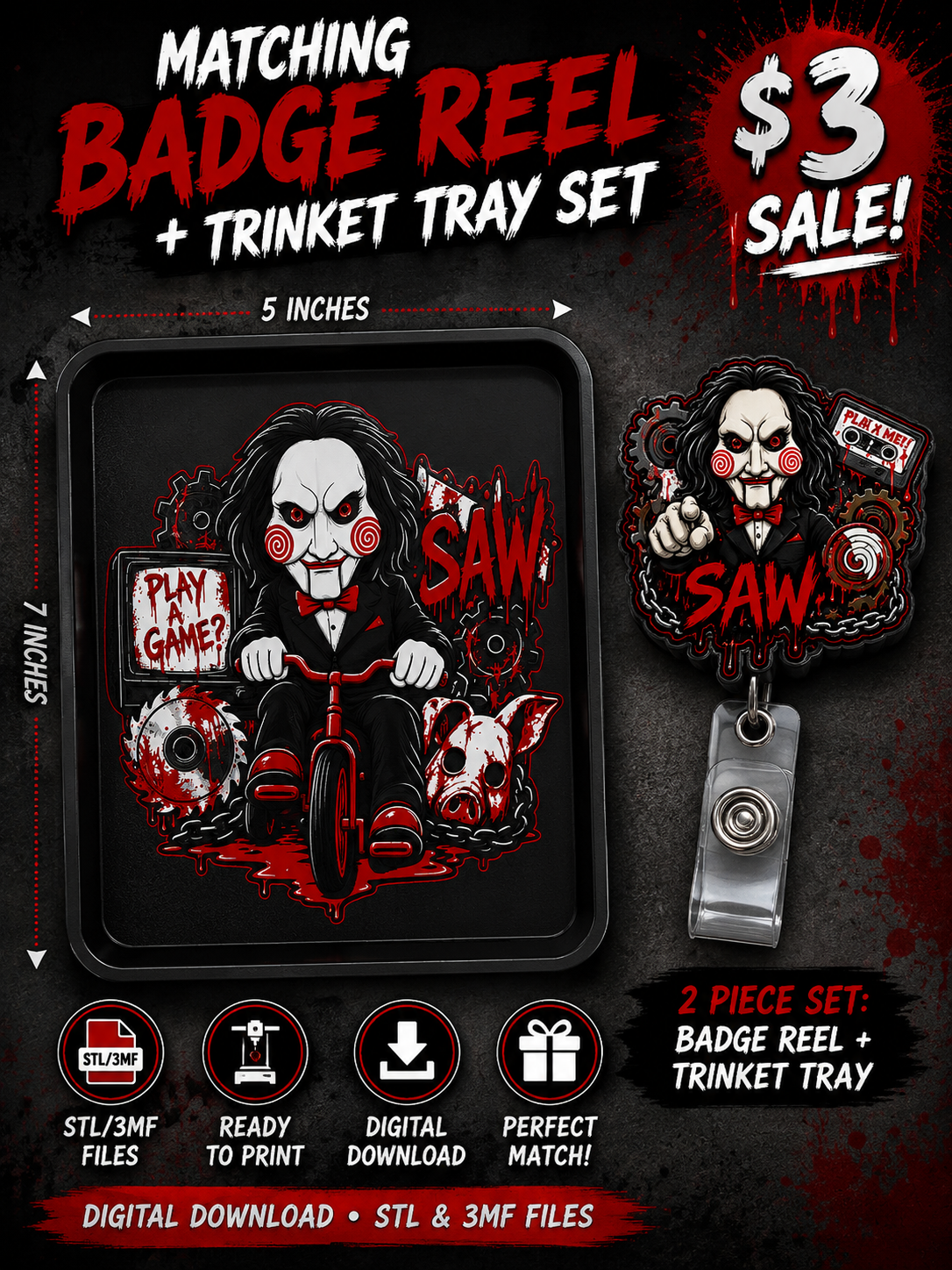 Horror SAW Badge Reel & Trinket Tray STL 3MF Files | Matching 2 Piece Set | 3D Printable Digital Download | Halloween Horror Accessories