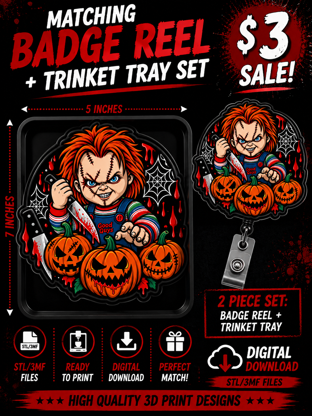 Horror Chucky Badge Reel; Trinket Tray STL 3MF Files | Matching 2 Piece Set | 3D Printable Digital Download | Halloween Horror Accessories (Copy) (Copy) (Copy) (Copy) (Copy)