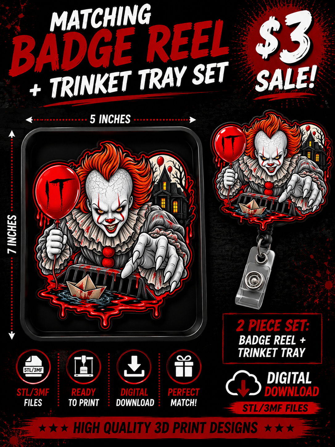 Horror IT Badge Reel; Trinket Tray STL 3MF Files | Matching 2 Piece Set | 3D Printable Digital Download | Halloween Horror Accessories (Copy) (Copy) (Copy) (Copy) (Copy) (Copy) (Copy) (Copy)