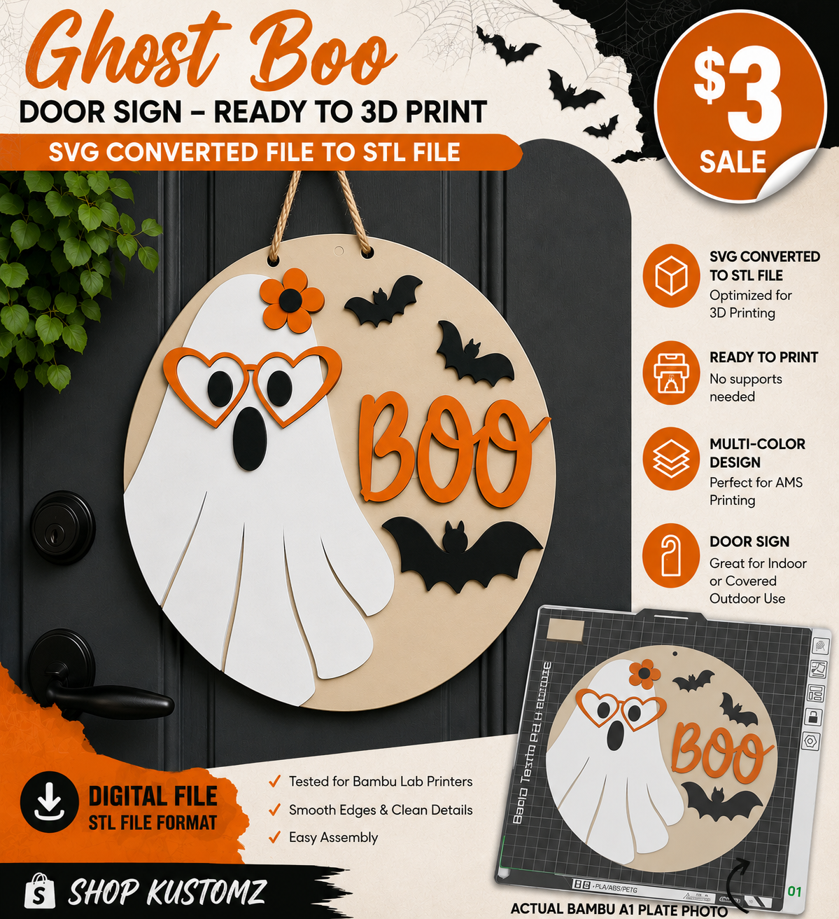 Ghost Boo Halloween Door Sign STL | Ready to 3D Print | Digital File
