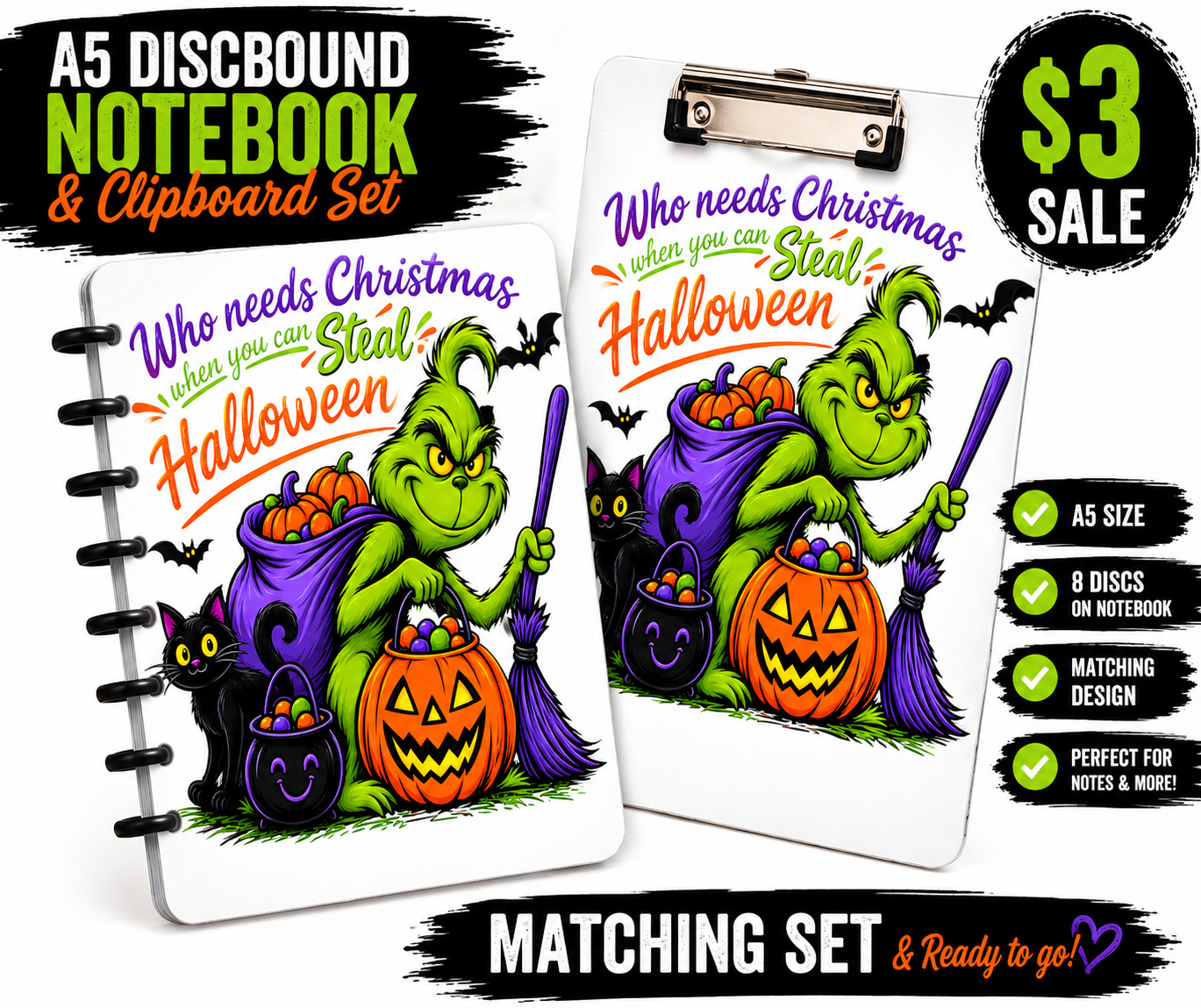 A5 Green Guy Halloween Cat Discbound Notebook + Clipboard Set | STL/3MF Digital Files | 3D Print Ready (Copy) (Copy)