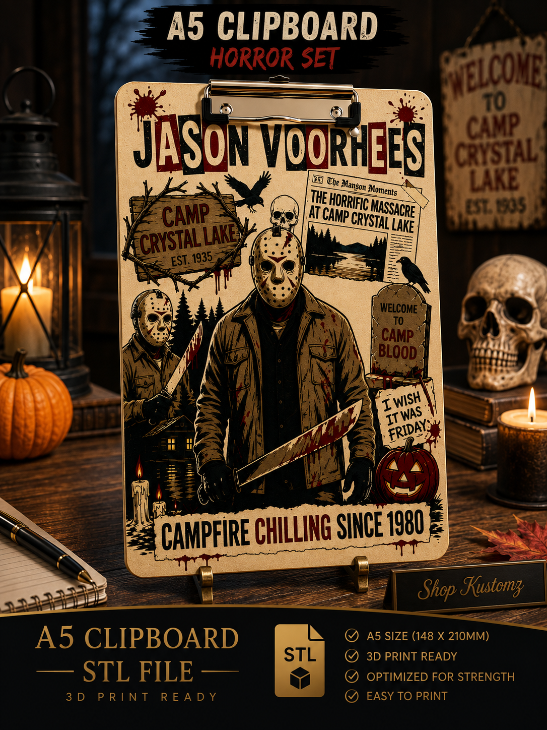Horror JASON A5 Clipboard STL File | 3D Print Ready | Halloween Clipboard | Digital Download | Printable Clipboard | Instant Download