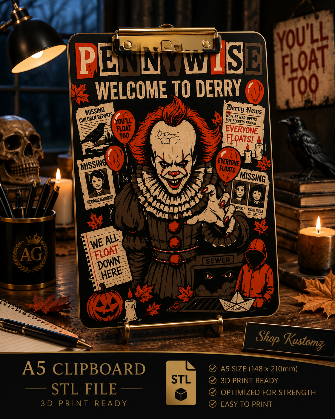 Horror PENNYWISE A5 Clipboard STL File | 3D Print Ready | Halloween Clipboard | Digital Download | Printable Clipboard | Instant Download