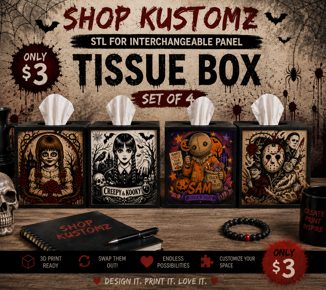Horror Icons Collection – Interchangeable Tissue Box Panels (STL Digital Download)