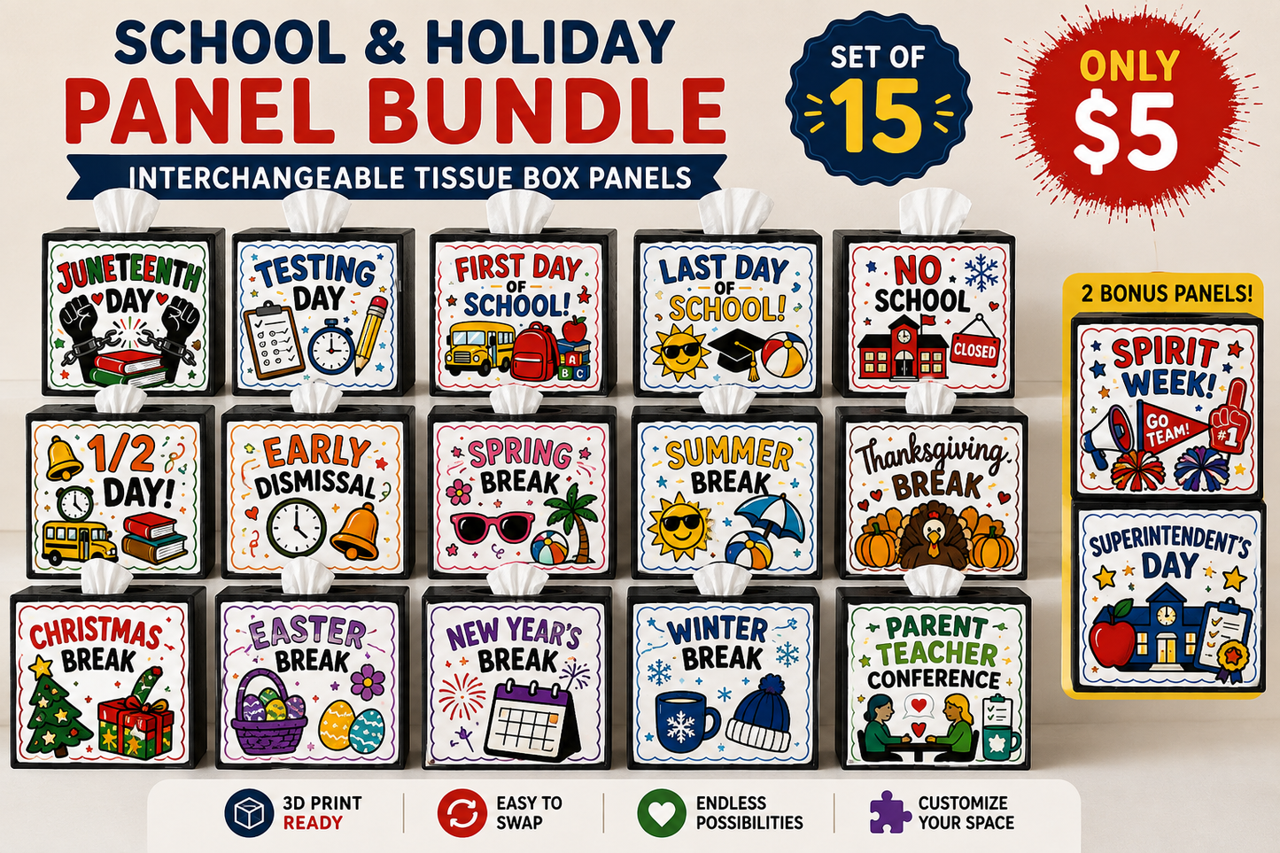 School & Holiday Interchangeable Tissue Box Panels – STL Digital Download