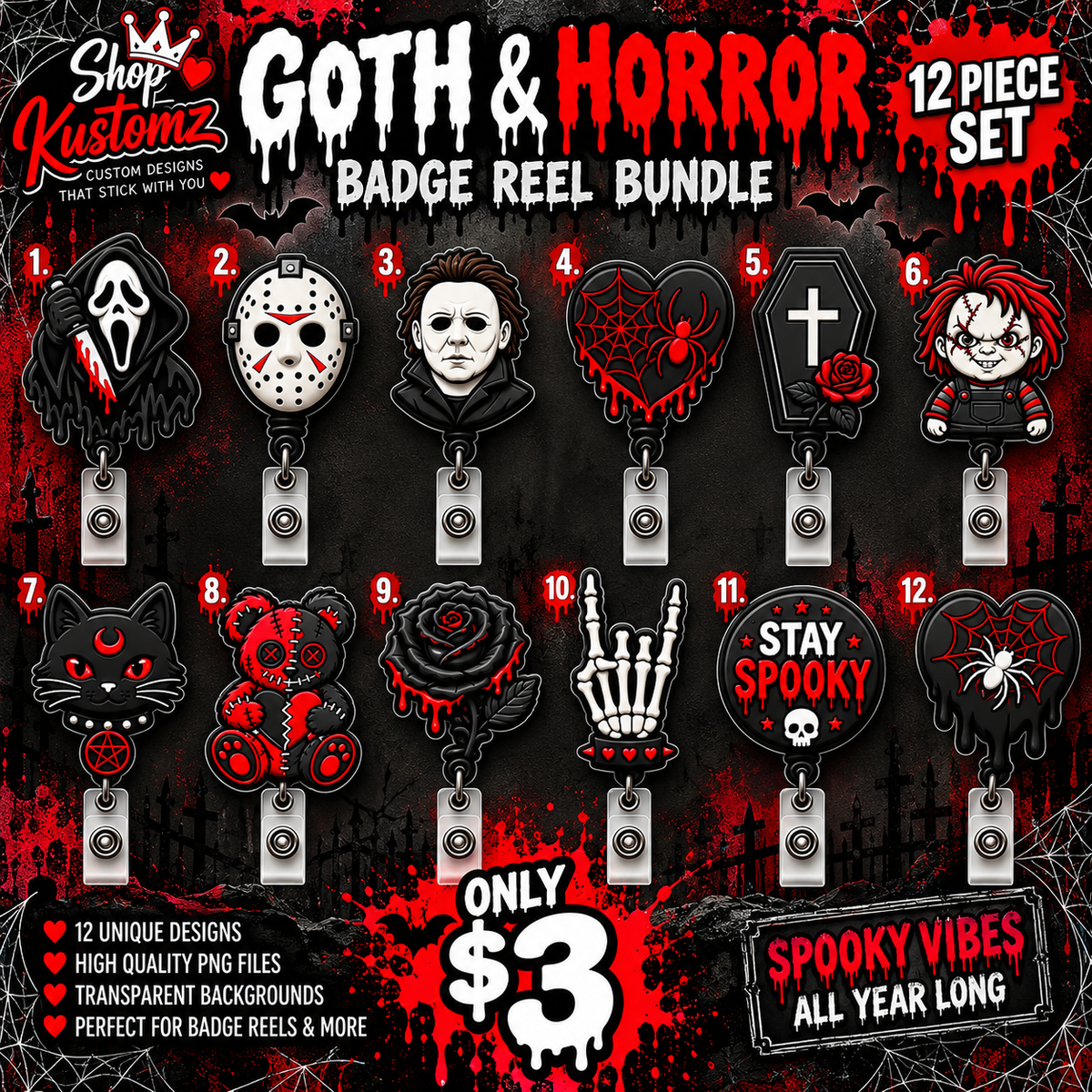 GOTHIC AND HORROR Badge Reel STL Bundle | Set of 8 STL 3MF Files | Spooky Fall Badge Reel Designs | Ready to Print 3D Files | Digital Download (Copy)