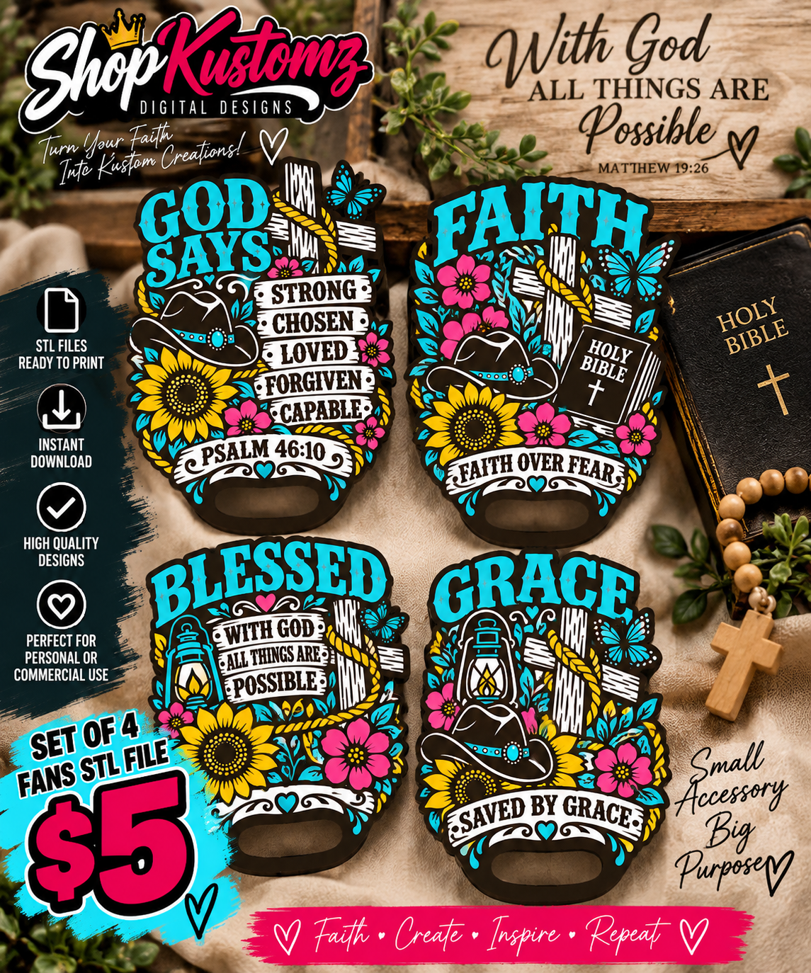 Faith-Based Badge Reel STL Bundle – Set of 4 | Christian Badge Reel Toppers | Ready-to-Print 3D Files