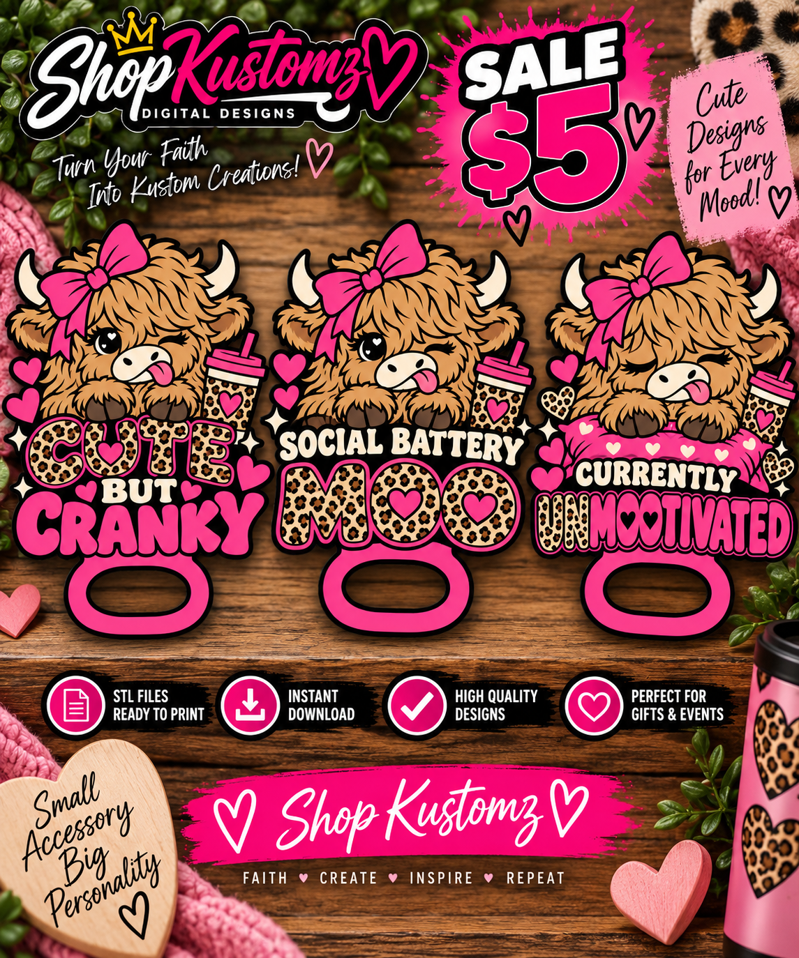 Highland Cow Paddle PINK STL Bundle | Set of 3 | Wild Heart, Hot Mess & Sunflower Soul | 3D Print Digital Files
