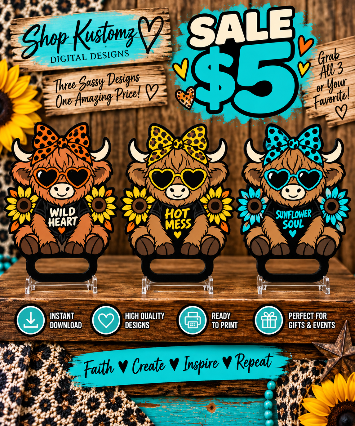 Highland Cow Paddle STL Bundle | Set of 3 | Wild Heart, Hot Mess & Sunflower Soul | 3D Print Digital Files