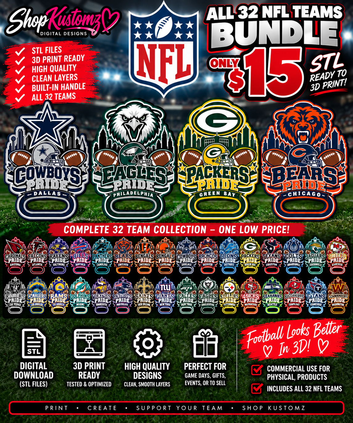 32-Team Football Pride Paddle STL Bundle | All Pro Football Teams | 3D Print Digital Download