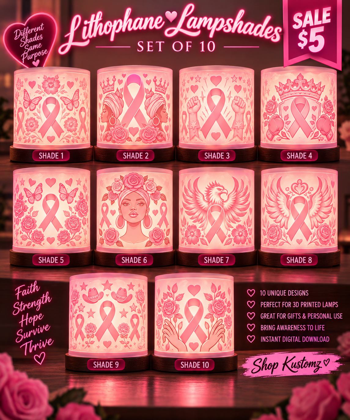 Breast Cancer Awareness Lithophane Lampshade Set of 10