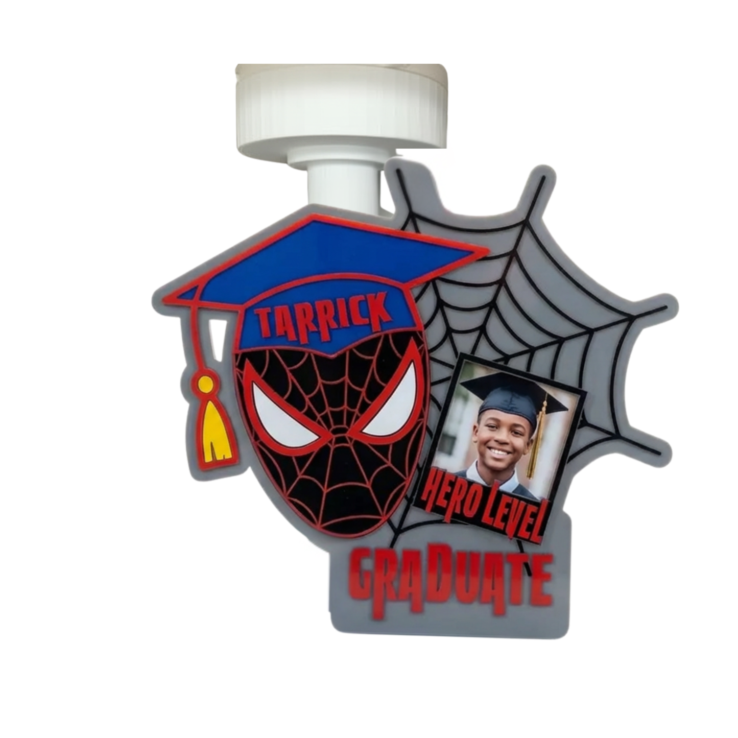 Superhero Style Character Grad Lamp Base STL | Custom Name Graduation Hat | 3D Print File with Photo Slot