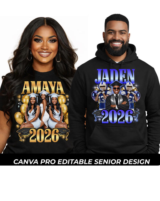 2026 Senior Shirt Canva Template | Editable Graduation Photo Collage Design | Custom Name Grad PNG | Canva Pro Digital Download