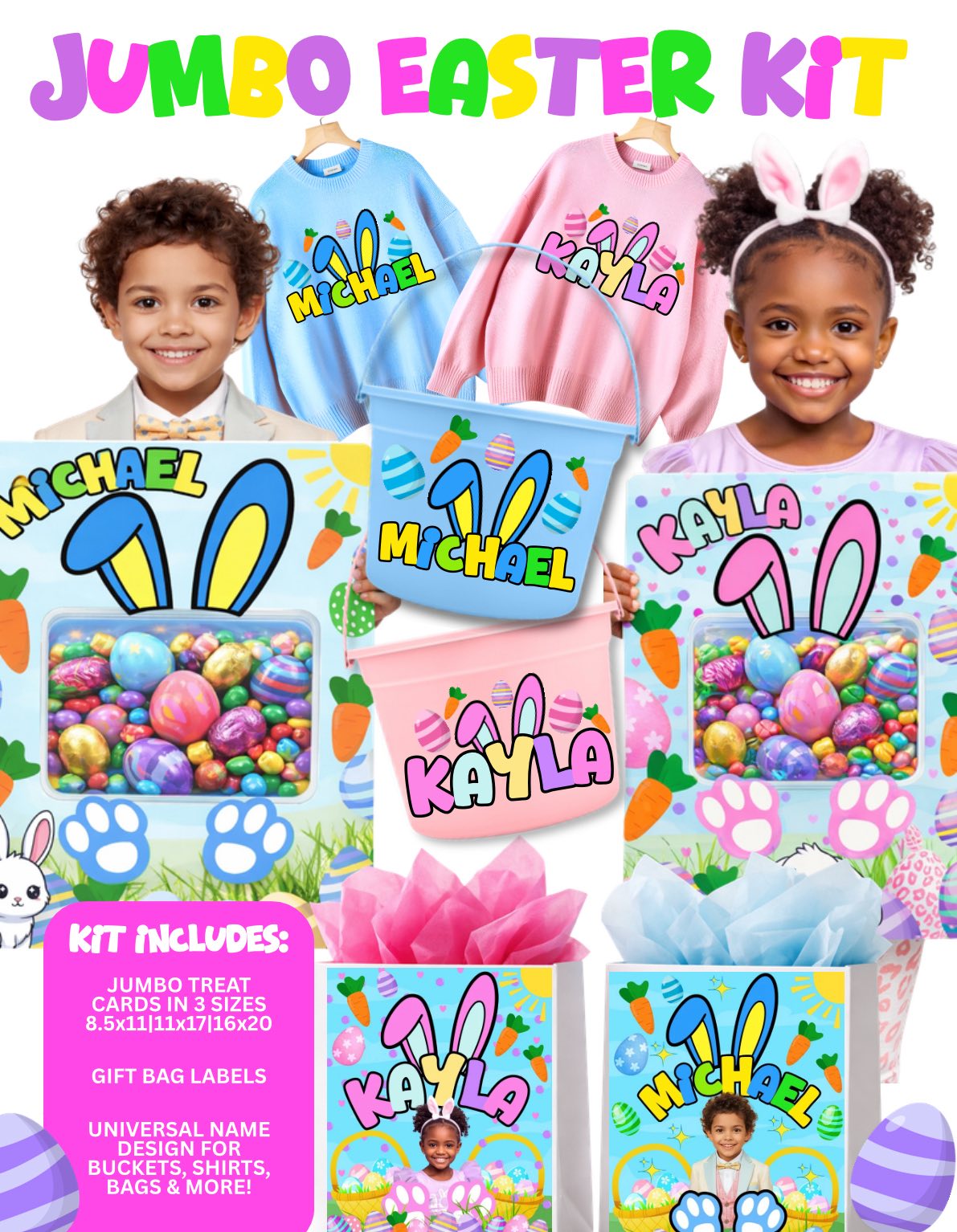 Jumbo Easter Basket Kit PNG | Personalized Bunny Name Design | Custom Easter Treat Card & Bucket Label | Printable Easter Party Decor for Kids