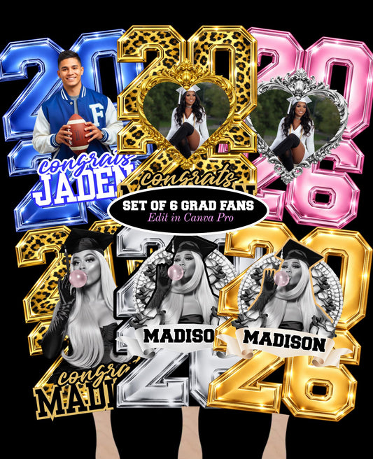 2026 Graduation Fans Canva Template | Editable Grad Party Hand Fans | Set of 6 Custom Photo Graduation Fans | Class of 2026 | Canva Pro Digital Download