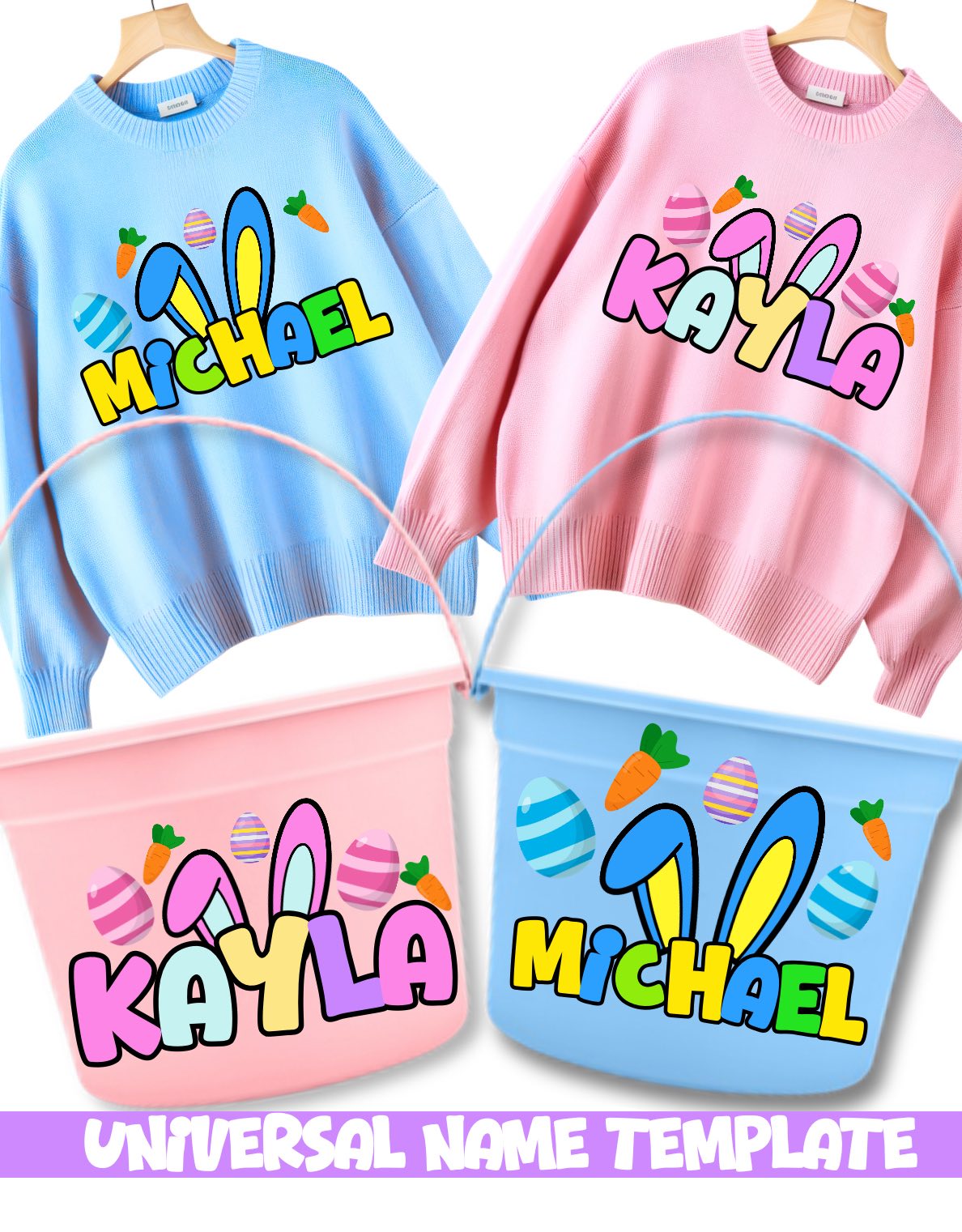 Jumbo Easter Basket Kit PNG | Personalized Bunny Name Design | Custom Easter Treat Card & Bucket Label | Printable Easter Party Decor for Kids