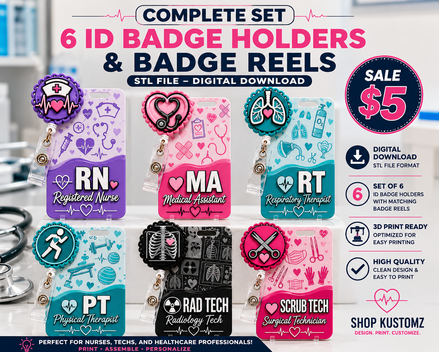 Medical ID Badge Holder & Badge Reel Bundle – Set of 6 STL Files | 3D Print Digital Download