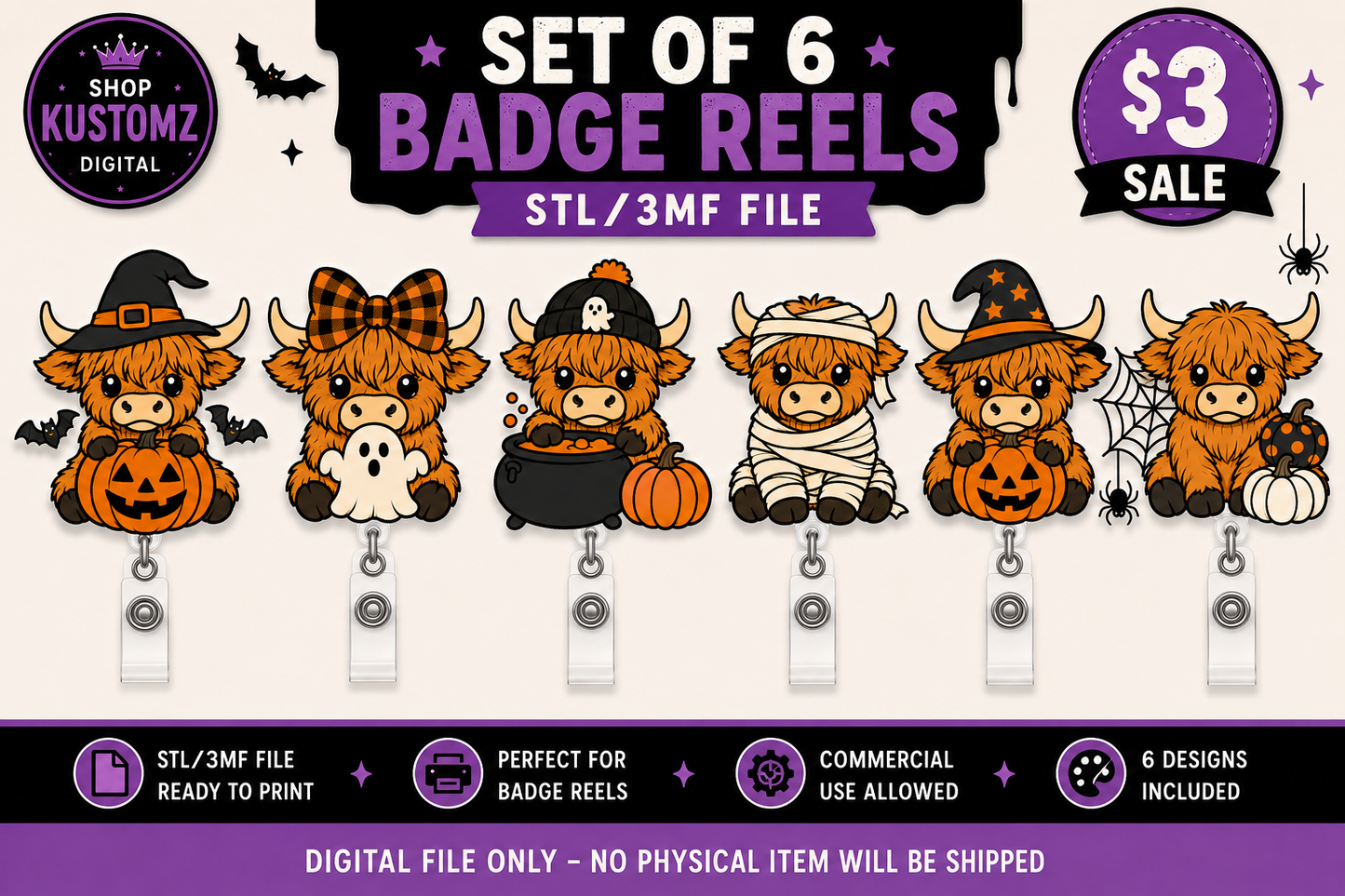 Halloween Highland Cow Badge Reel STL Bundle | 6 STL 3MF Files | Spooky Cow Badge Reel Designs | Fall 3D Print Files | Digital Download