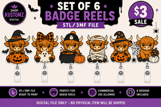 Halloween Highland Cow Badge Reel STL Bundle | 6 STL 3MF Files | Spooky Cow Badge Reel Designs | Fall 3D Print Files | Digital Download