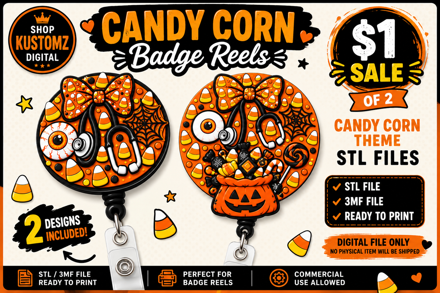 Candy Corn Halloween Medical Badge Reel STL & 3MF Files | Set of 2 | Nurse Badge Reel Designs | 3D Print Digital Download