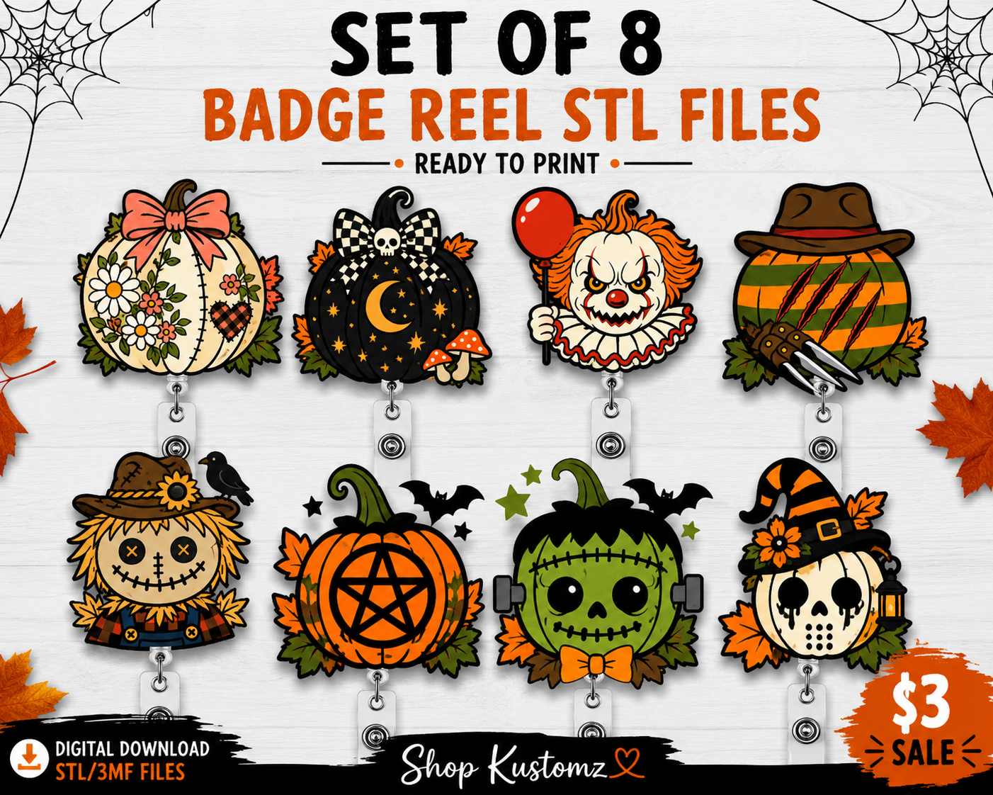 Halloween Badge Reel STL Bundle | Set of 8 STL 3MF Files | Spooky Fall Badge Reel Designs | Ready to Print 3D Files | Digital Download