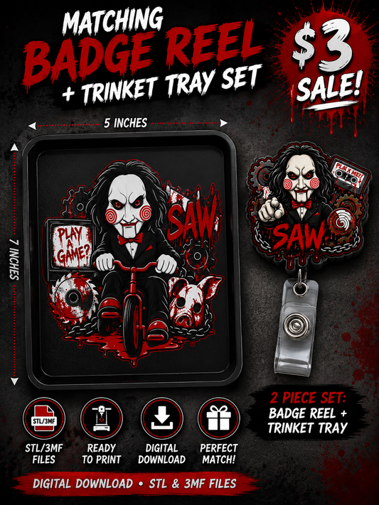 Horror SAW Badge Reel &amp; Trinket Tray STL 3MF Files | Matching 2 Piece Set | 3D Printable Digital Download | Halloween Horror Accessories