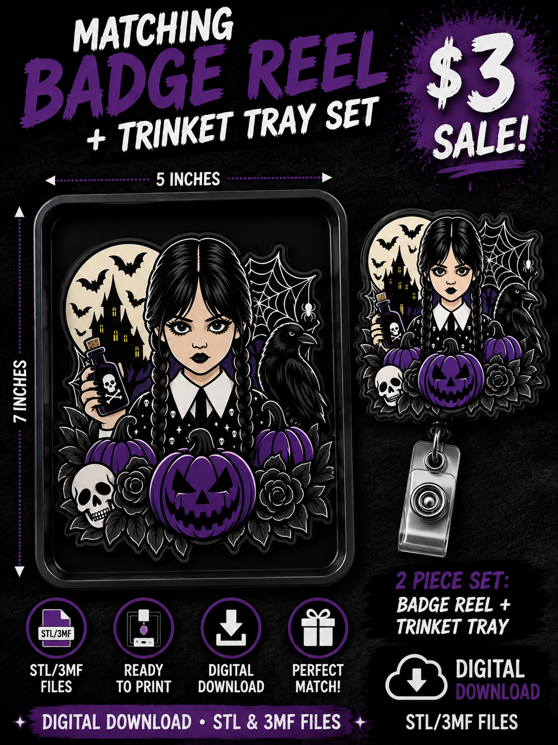 Horror Wednesday Badge Reel; Trinket Tray STL 3MF Files | Matching 2 Piece Set | 3D Printable Digital Download | Halloween Horror Accessories (Copy)