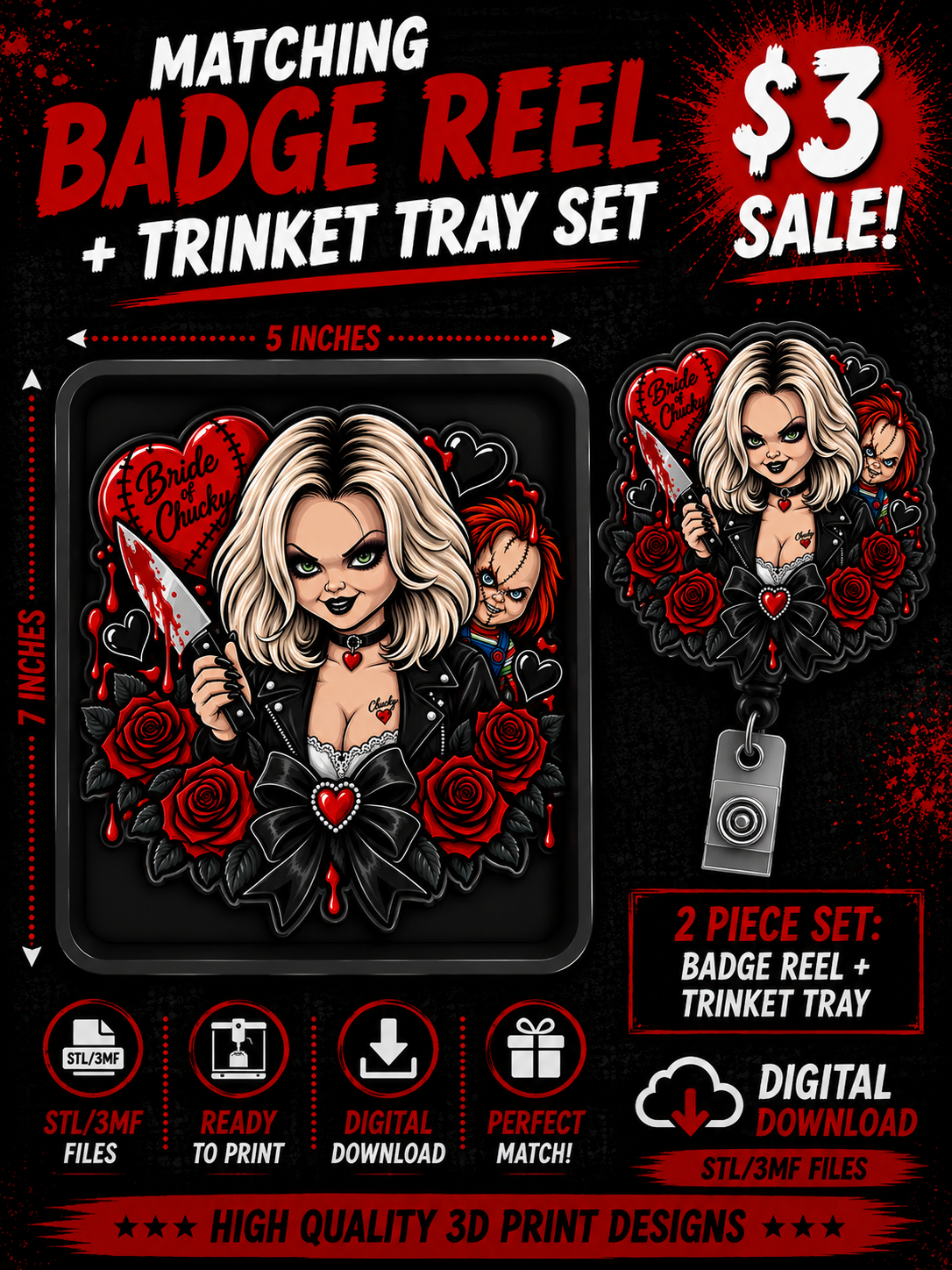 Horror Tiffany  Badge Reel; Trinket Tray STL 3MF Files | Matching 2 Piece Set | 3D Printable Digital Download | Halloween Horror Accessories (Copy) (Copy) (Copy) (Copy)