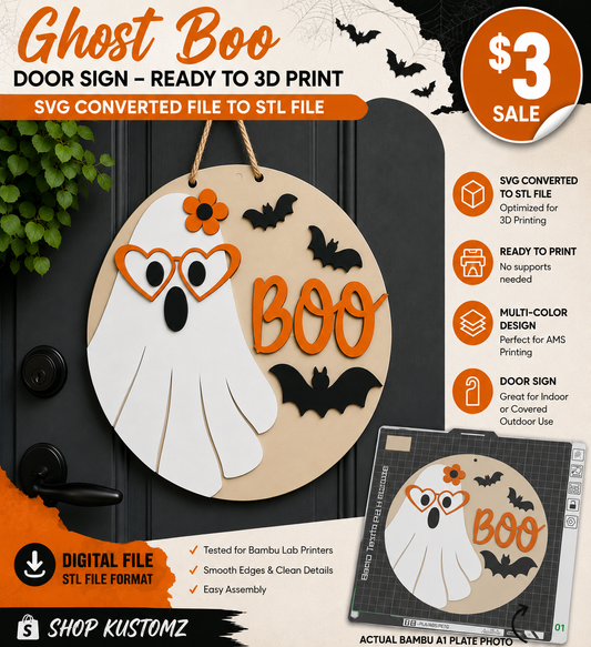 Ghost Boo Halloween Door Sign STL | Ready to 3D Print | Digital File