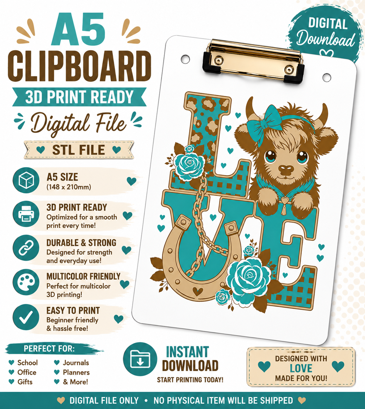 A5 LOVE Cow Teal Clipboard STL File | 3D Print Ready | Digital Download | Printable Clipboard | Instant Download (Copy)
