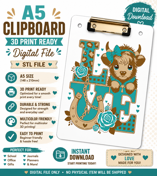 A5 LOVE Cow Teal Clipboard STL File | 3D Print Ready | Digital Download | Printable Clipboard | Instant Download (Copy)