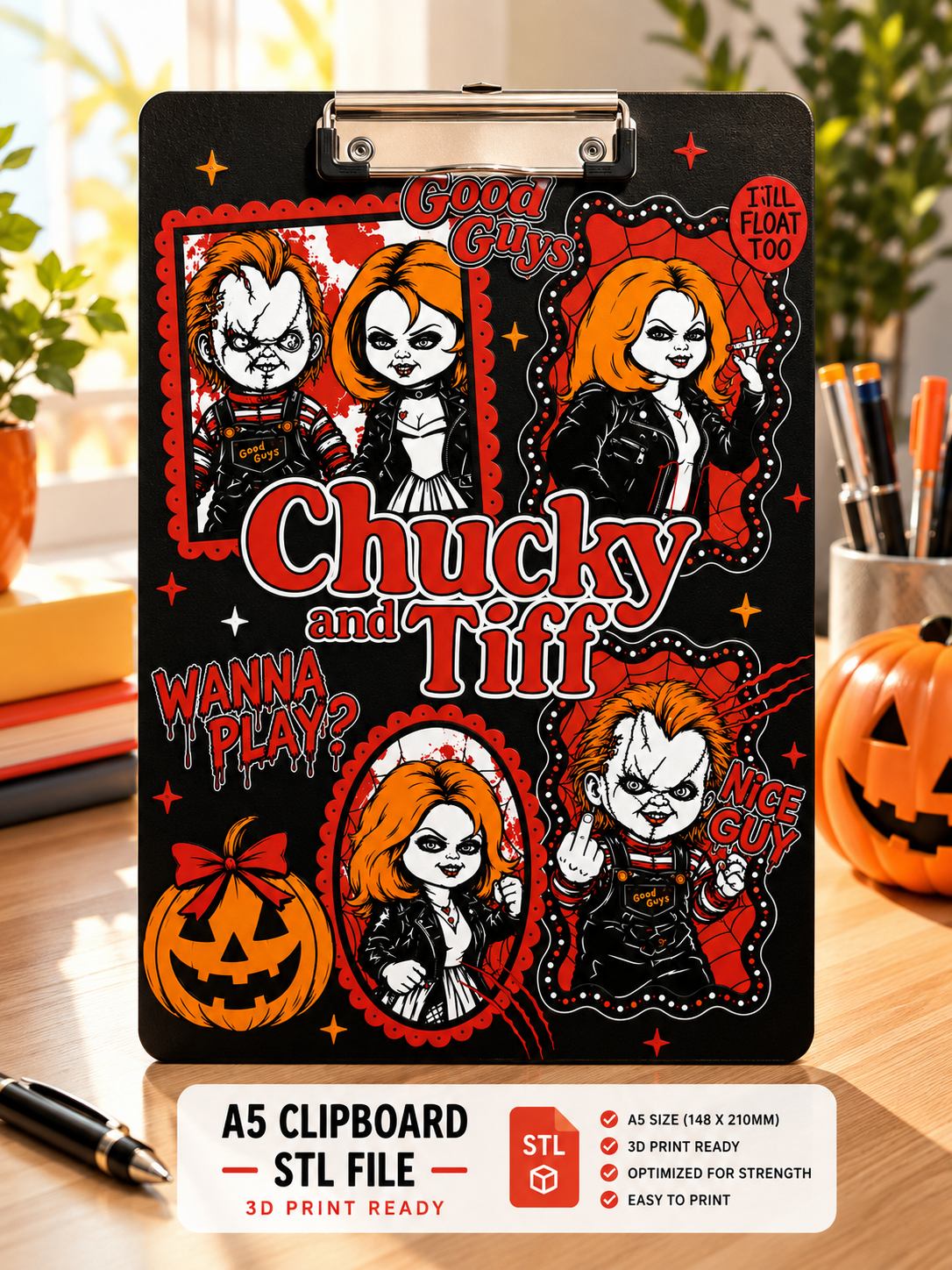 Chucky & Tiff Clipboard STL File | 3D Print Ready | Halloween Clipboard | Digital Download | Printable Clipboard | Instant Download