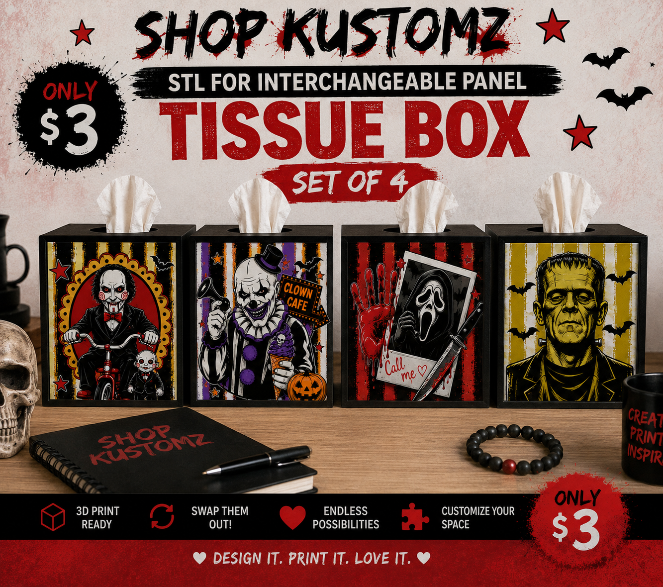 Halloween Interchangeable Tissue Box Panels STL | Set of 4 Horror Designs | Digital Download | 3D Printable Panels Only