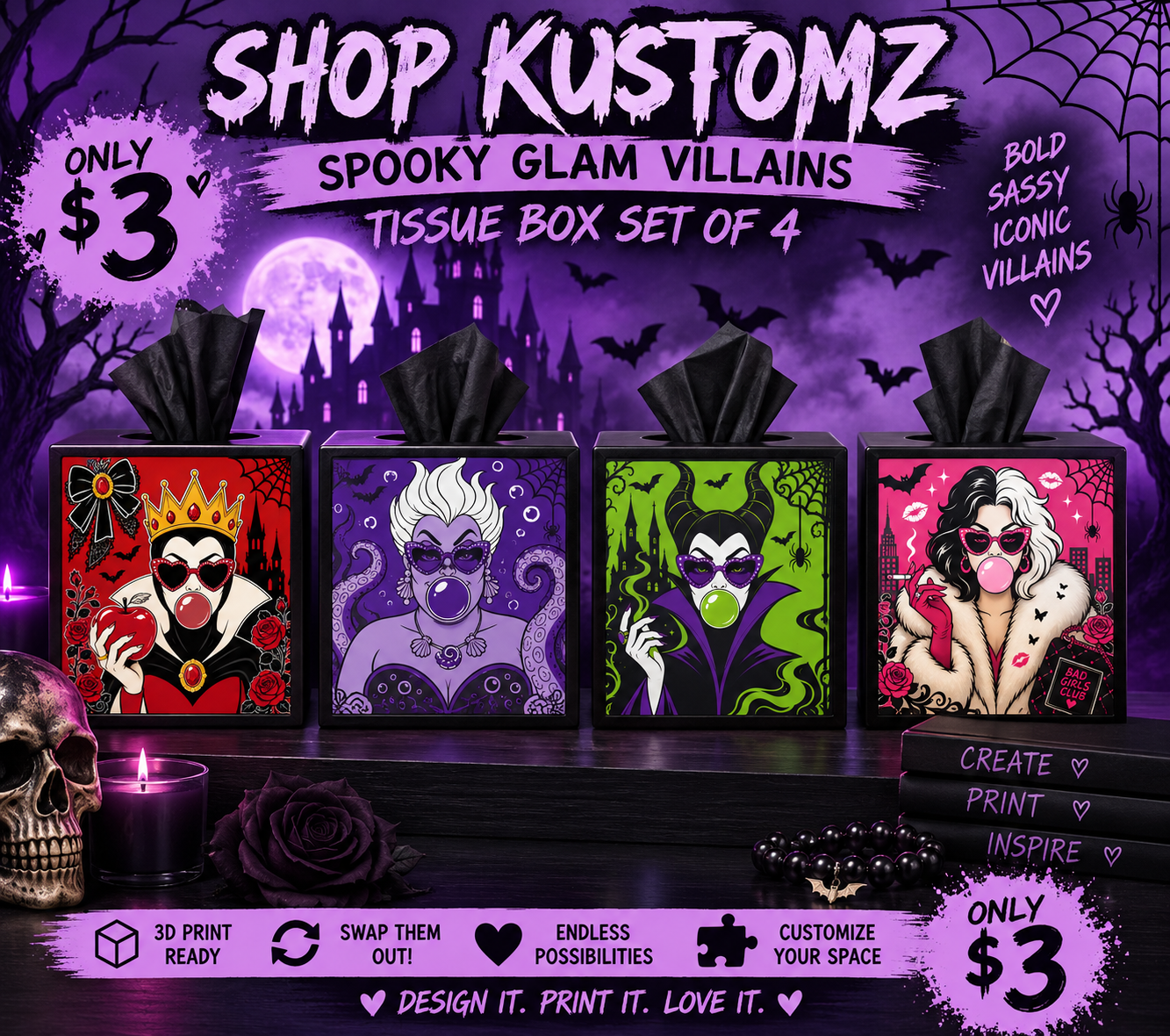 Spooky Glam Villains STL Panel Set | Interchangeable Tissue Box Panels | 4 STL Files | Halloween 3D Print Download