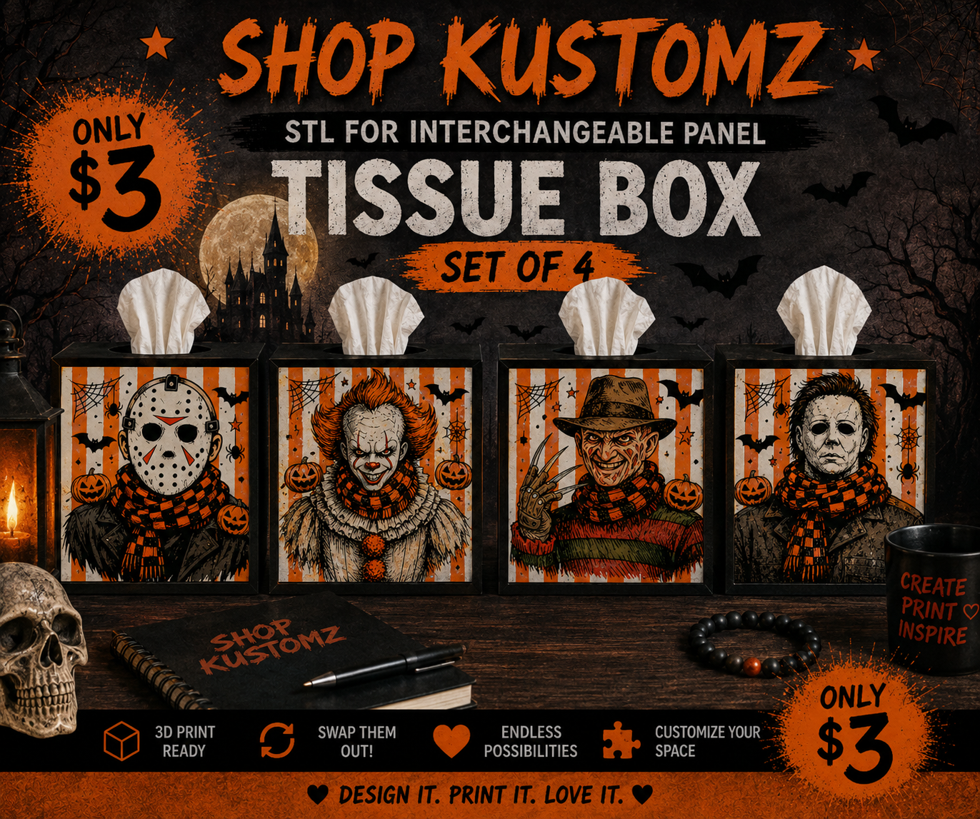 Spooky Horror Interchangeable Tissue Box Panel Set – Set of 4 STL Files | 3D Print Ready