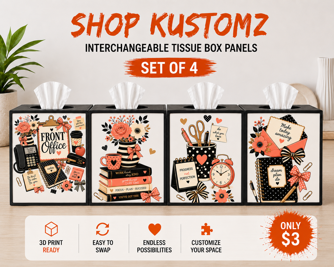 Interchangeable Tissue Box Panel STL Set of 4 – Front Office Collection | $3 Digital Download