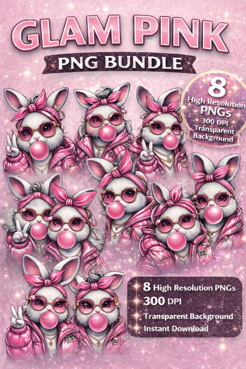 Glam Pink Bunny PNG Bundle, Trendy Easter Bunny Sublimation Design, Cute Girl Rabbit Clipart, DTF T-Shirt Graphic, Commercial Use