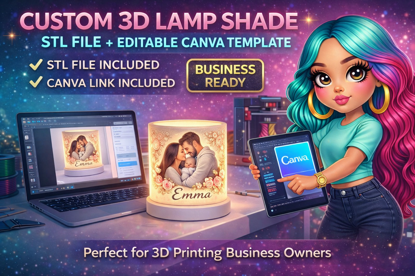 Custom 3D Lamp Shade STL File + Canva Editable Template | Business Ready Lithophane Design | Resell Ready 3D Print File | Commercial Use