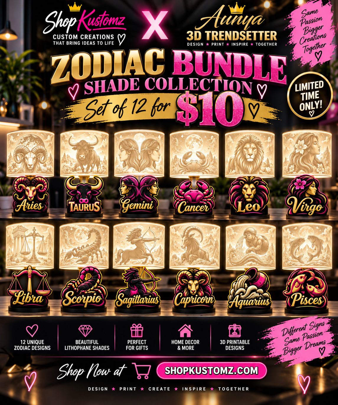 Zodiac Lithophane Lampshade STL Bundle | All 12 Zodiac Signs | 3D Printable Digital Files