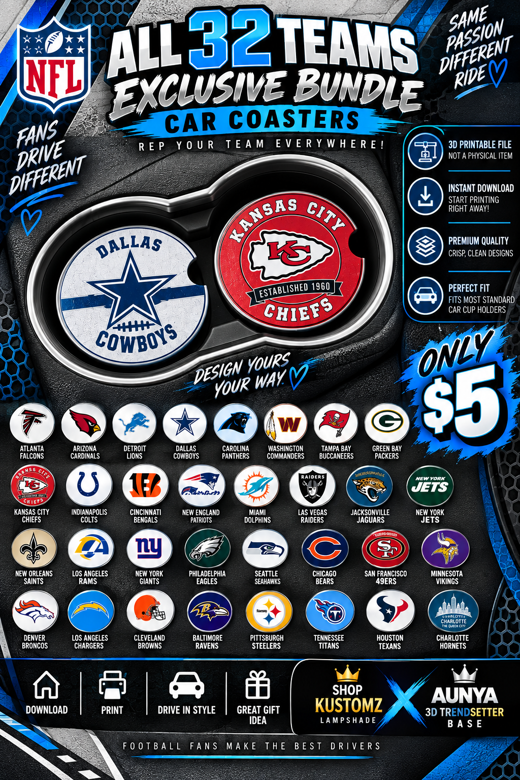 All 32 Football Team Car Coaster Bundle | 3D Printable Files | Full Team Collection | Instant Digital Download