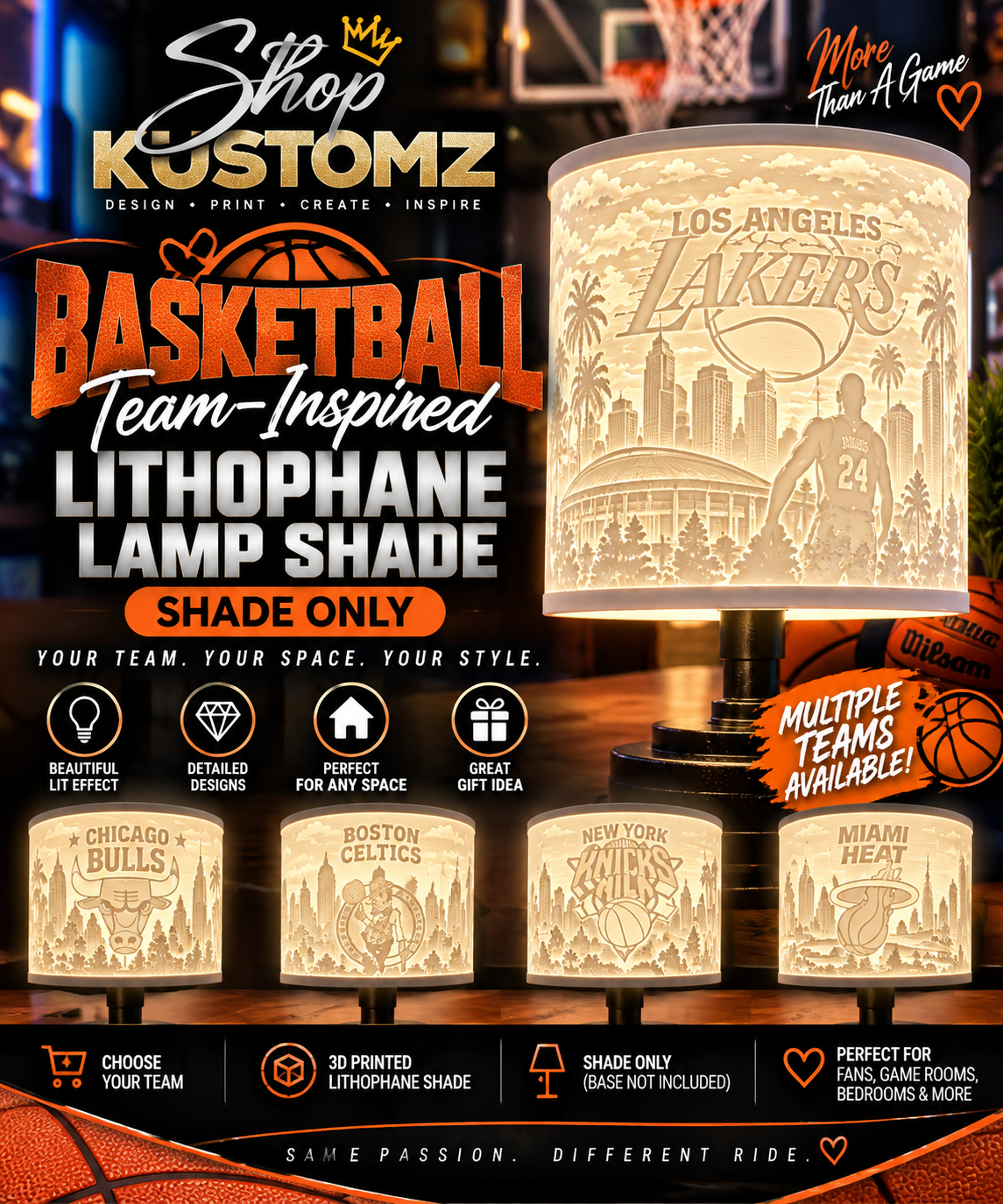 Basketball Team-Inspired Lithophane Lamp Shade | Shade Only | 3D Printed