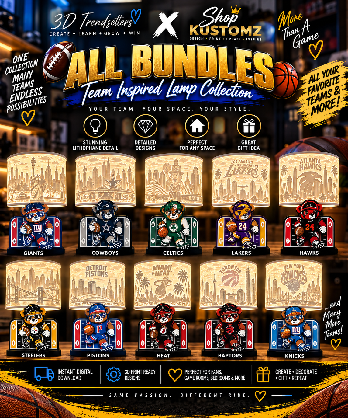 32-Team Football BEAR MALE Lithophane Lampshade Bundle | Digital Download | Lampshades Only
