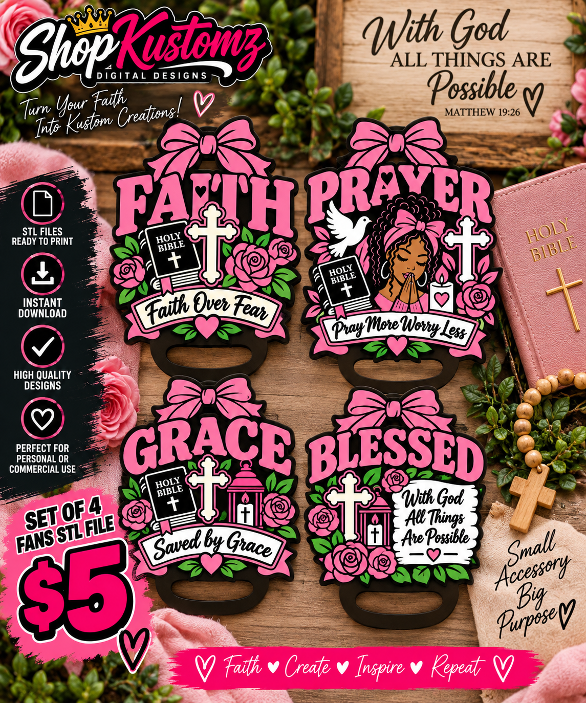 Faith-Based PINK Badge Reel STL Bundle – Set of 4 | Christian Badge Reel Toppers | Ready-to-Print 3D Files (Copy)