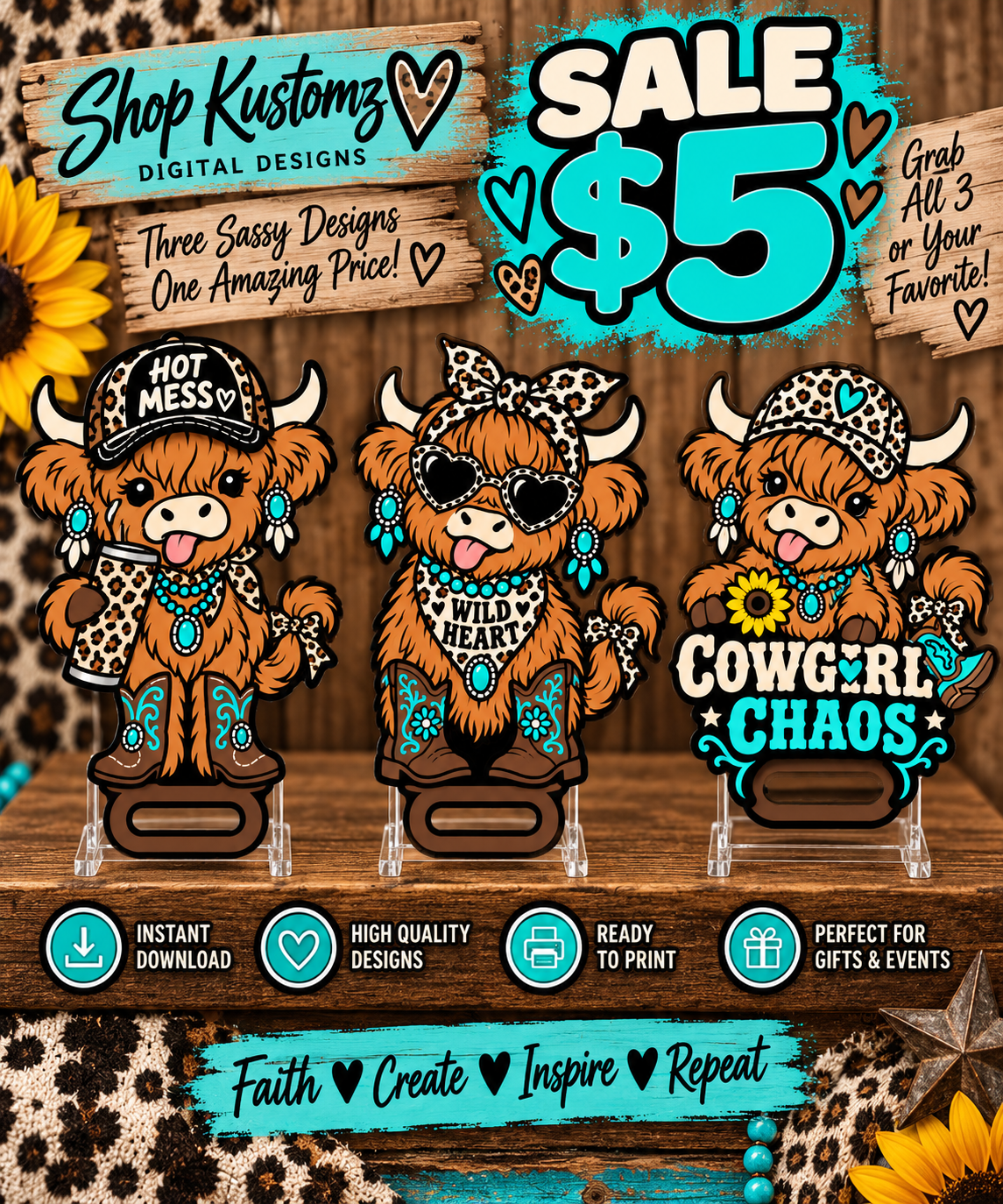 Highland Cow Paddle COWBOY STL Bundle | Set of 3 | Wild Heart, Hot Mess & Sunflower Soul | 3D Print Digital Files