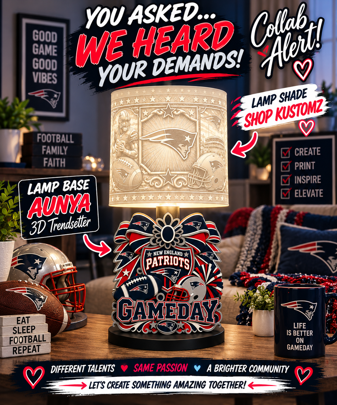Patriots Female Sports Theme Inspired Lithophane Lampshade