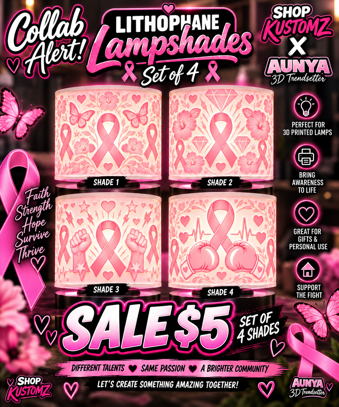 Breast Cancer Awareness Lithophane Lampshade Set of 4