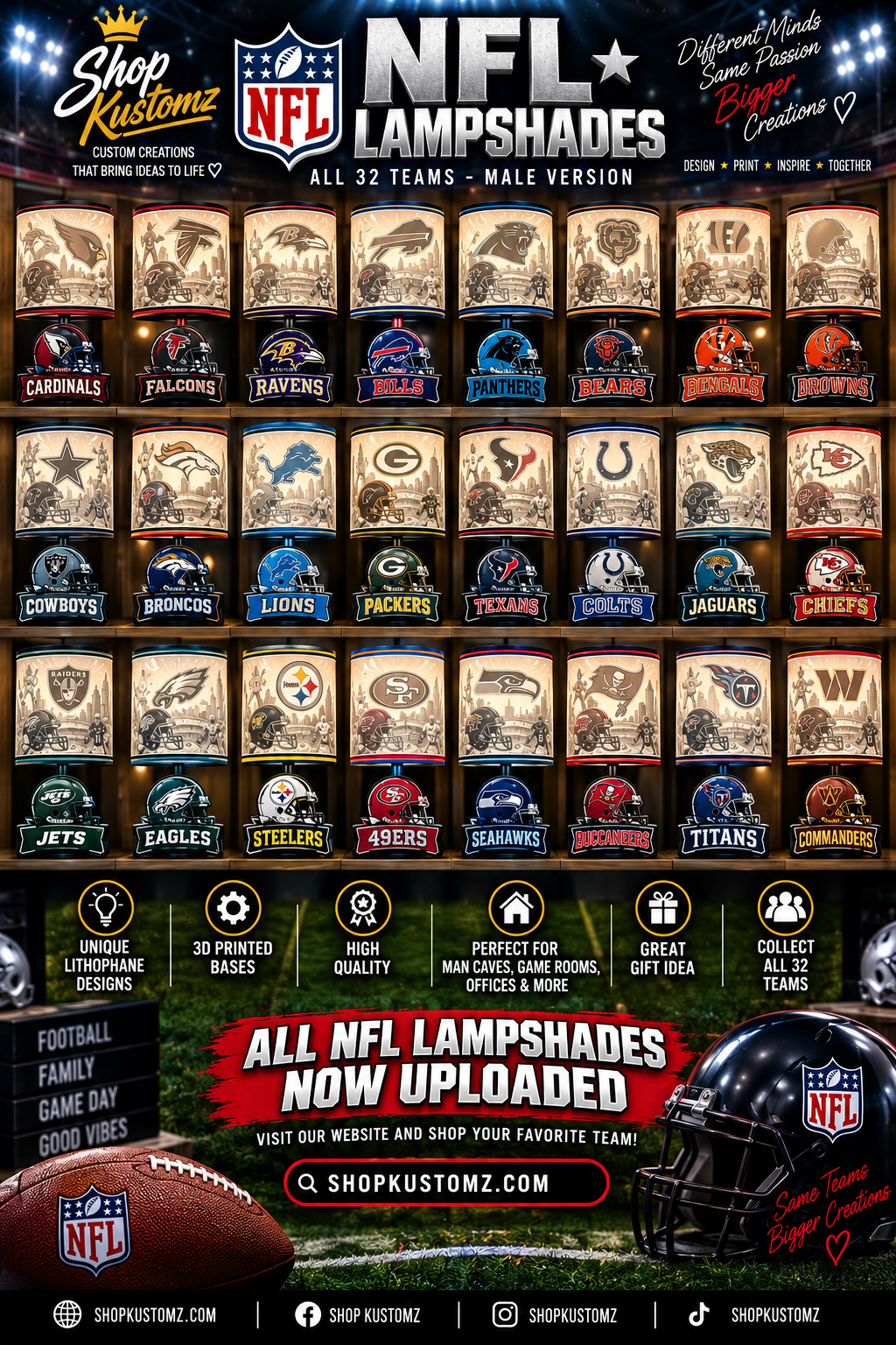 ALL 32 TEAMS INCLUSIVE MALE Sports Theme Inspired Lithophane Lampshade