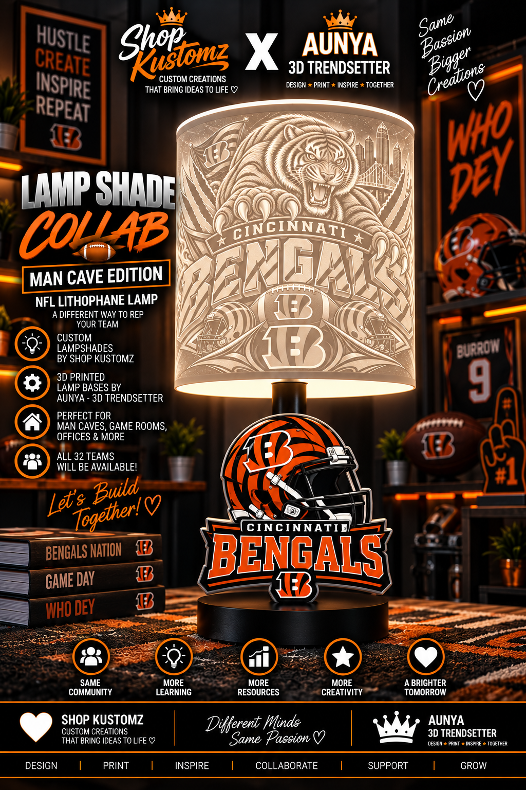 BENGALS MALE  Sports Theme Inspired Lithophane Lampshade